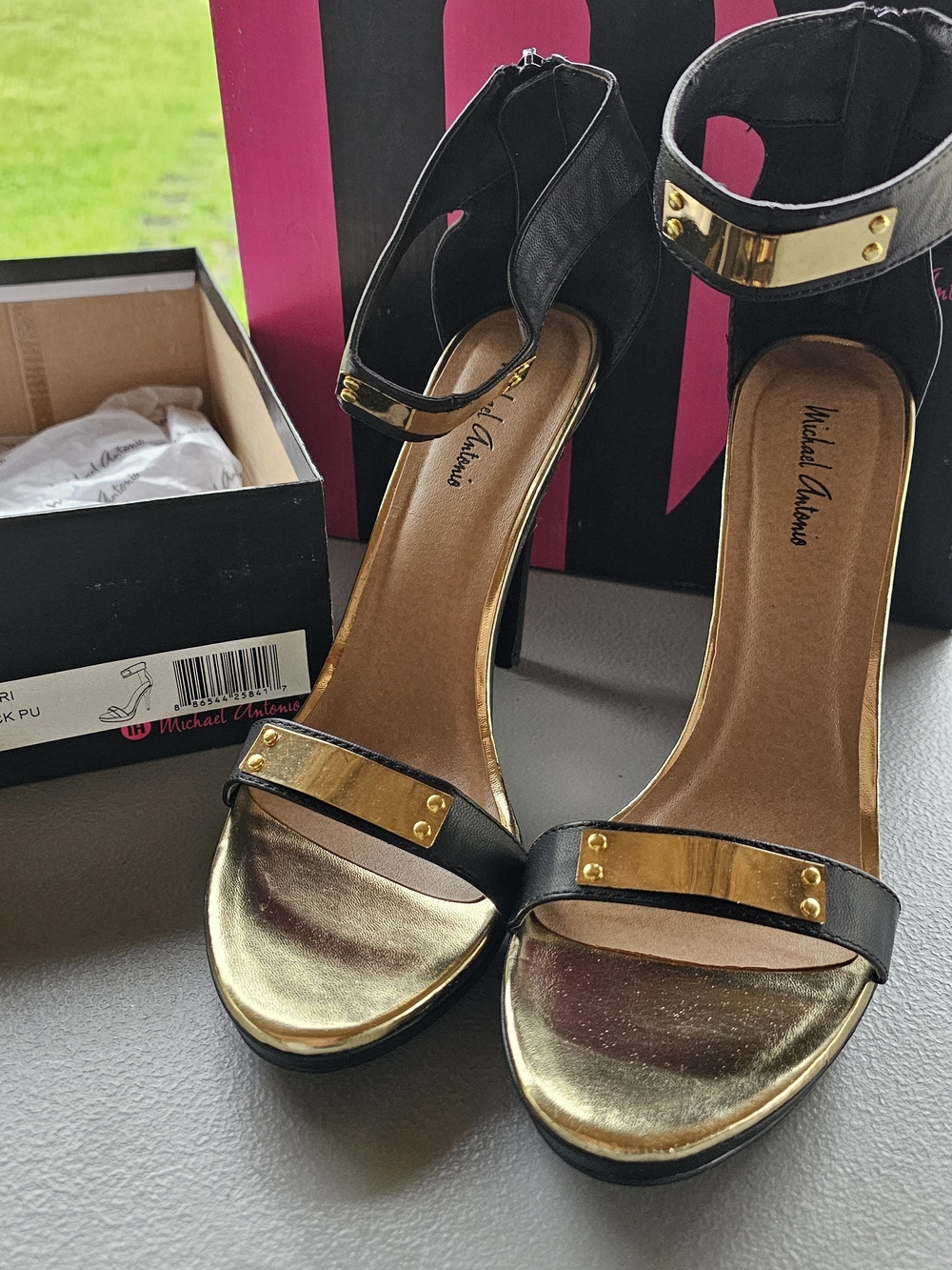 Michael Antonio Black and Gold Ankle-Strap Heels